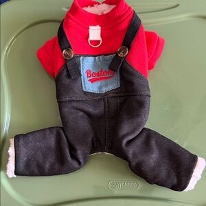 Red and Black Dog One Piece Overalls Faux Pocket “Boston” Embroidered Leash Hook